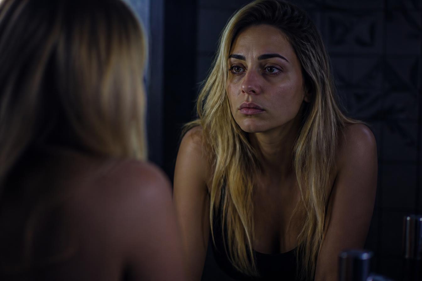Mulher frustrada se olhando no espelho do banheiro
